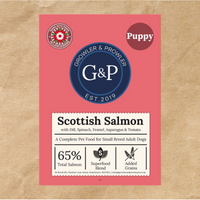A bag of Superfood Puppy Scottish Salmon dog food from Growler and Prowler, featuring 65% Scottish salmon and a variety of fresh vegetables.